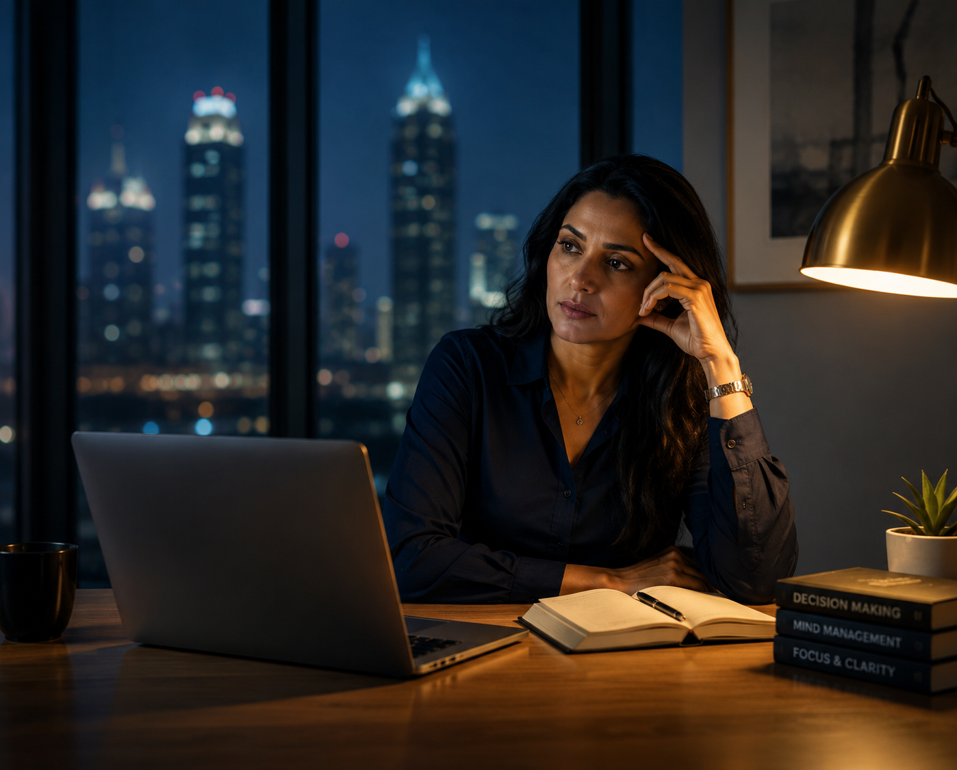 A professional overwhelmed by overthinking at a cluttered desk at night