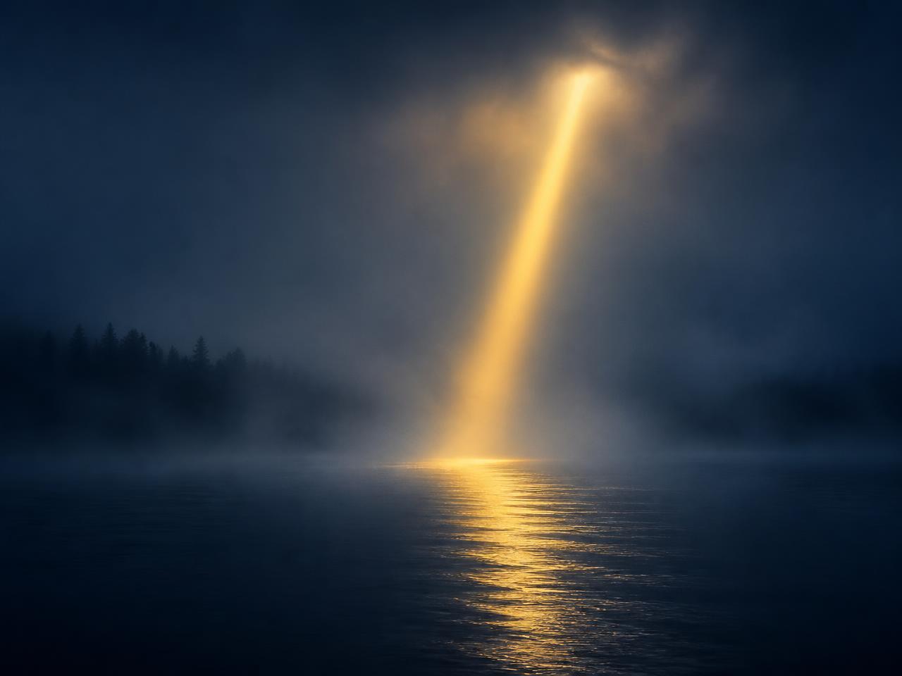 A beam of golden light cutting through fog over still water